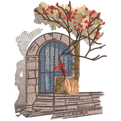 Scenic embroidery design featuring an intricate view of an old city, ideal for travel-themed projects.