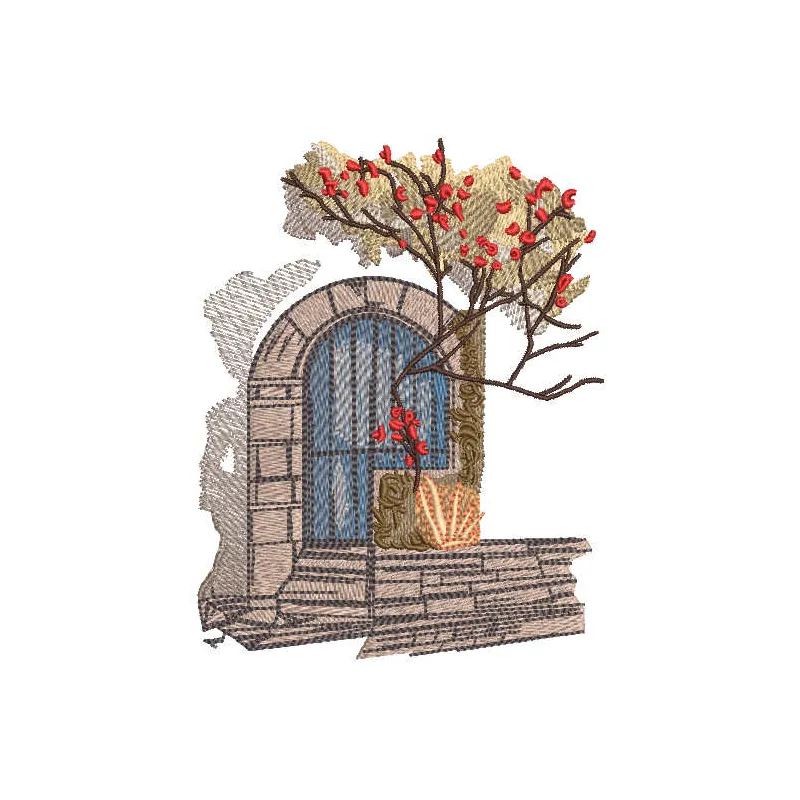 Scenic embroidery design featuring an intricate view of an old city, ideal for travel-themed projects.