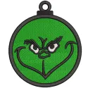 Grinch green Christmas ball embroidery design featuring whimsical Dr. Seuss-inspired motifs for festive stitching.