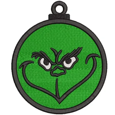 Grinch green Christmas ball embroidery design featuring whimsical Dr. Seuss-inspired motifs for festive stitching.