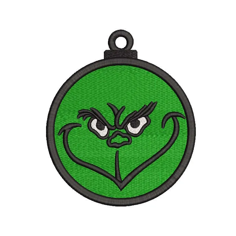 Grinch green Christmas ball embroidery design featuring whimsical Dr. Seuss-inspired motifs for festive stitching.