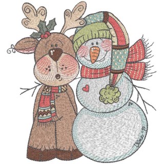 Moose and snowman in knitted scarves embroidery design - Embroidery Design