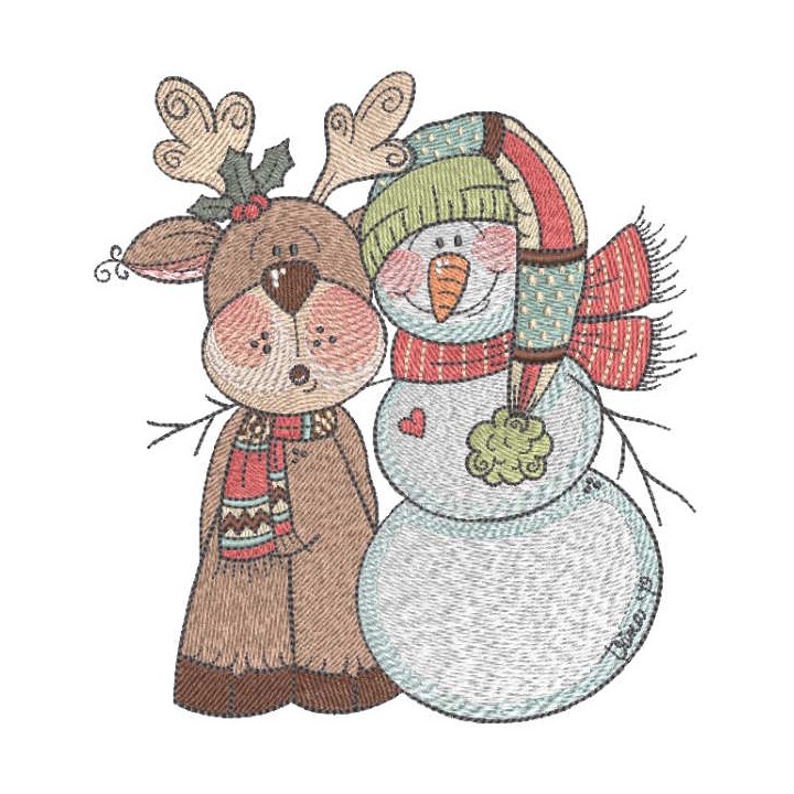 Moose and snowman in knitted scarves embroidery design - Embroidery Design