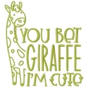 You Bet Giraffe I'm Cute embroidery design showcased on a vibrant fabric, perfect for baby onesies and tote bags.