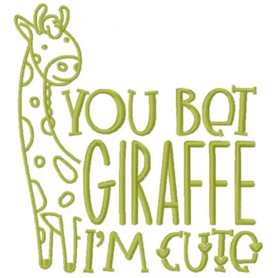 You Bet Giraffe I'm Cute embroidery design showcased on a vibrant fabric, perfect for baby onesies and tote bags.