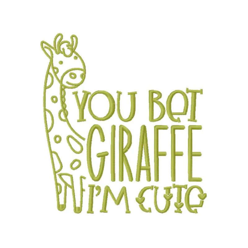 You Bet Giraffe I'm Cute embroidery design showcased on a vibrant fabric, perfect for baby onesies and tote bags.