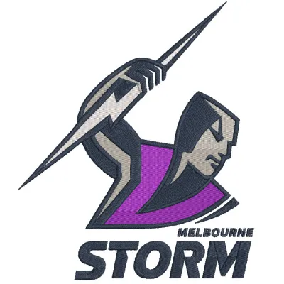 Melbourne Storm logo embroidery design showcasing intricate stitching patterns for rugby enthusiasts.