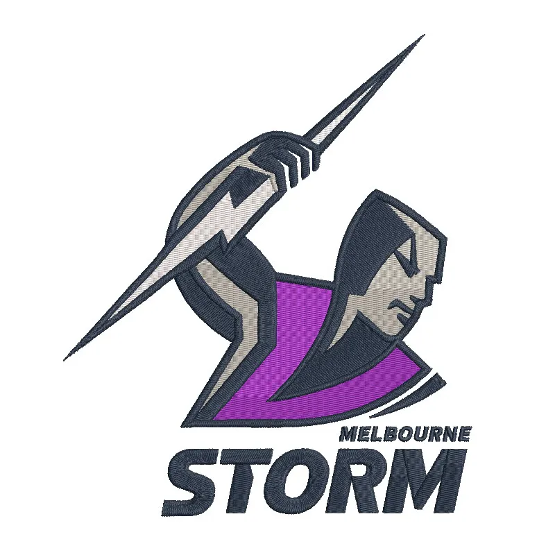 Melbourne Storm logo embroidery design showcasing intricate stitching patterns for rugby enthusiasts.