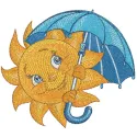 Smiling sun with umbrella embroidery design, perfect for summer projects like t-shirts and tote bags.