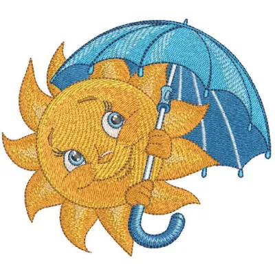 Smiling sun with umbrella embroidery design, perfect for summer projects like t-shirts and tote bags.
