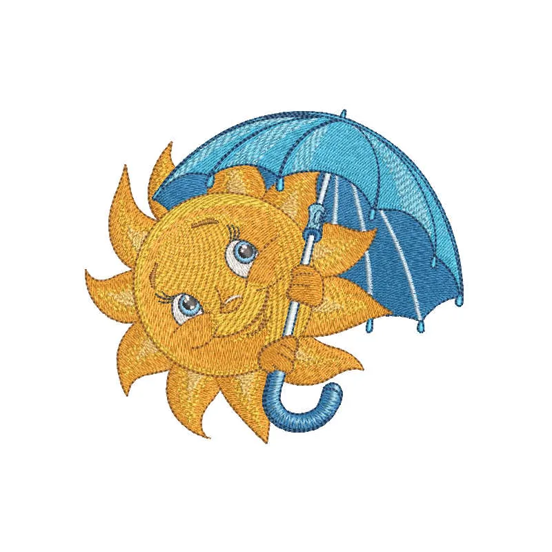 Smiling sun with umbrella embroidery design, perfect for summer projects like t-shirts and tote bags.