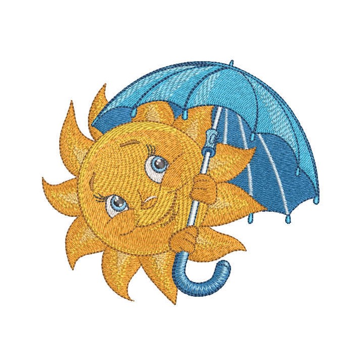 Smiling sun with umbrella embroidery design - Embroidery Design