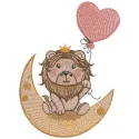 Lion king on a crescent moon holding a balloon embroidery design for creative stitching projects.