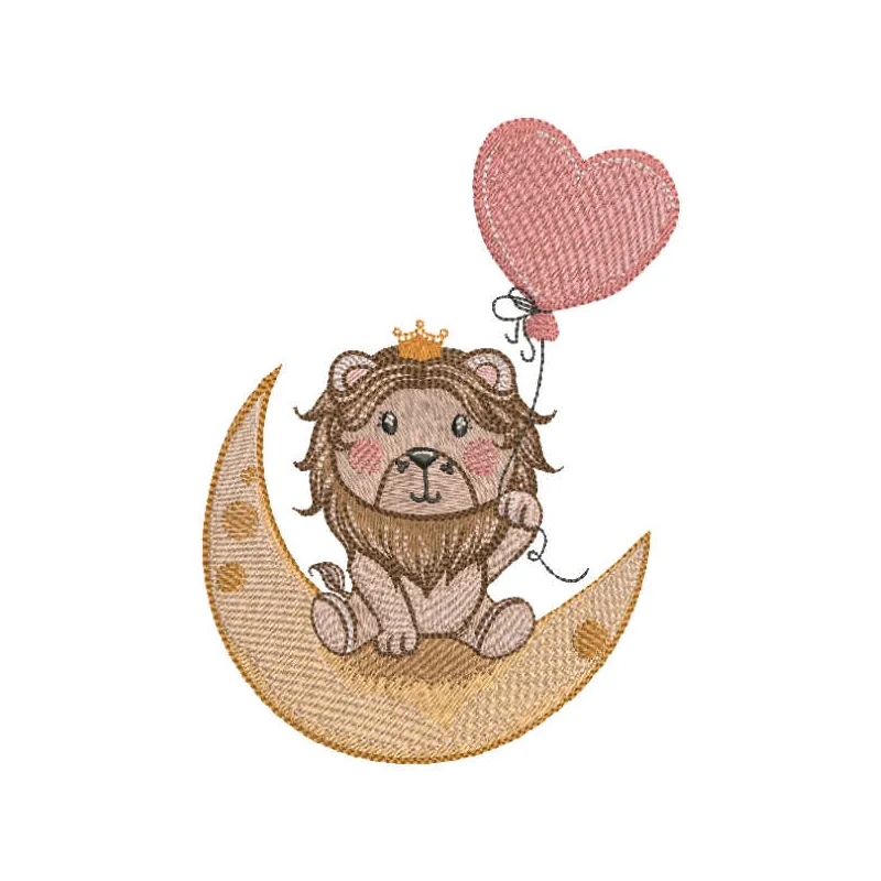 Lion king on a crescent moon holding a balloon embroidery design for creative stitching projects.