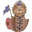 Embroidery design featuring a lion captain on a ship, showcasing intricate stitching patterns for creative projects.