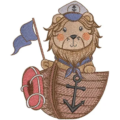 Embroidery design featuring a lion captain on a ship, showcasing intricate stitching patterns for creative projects.