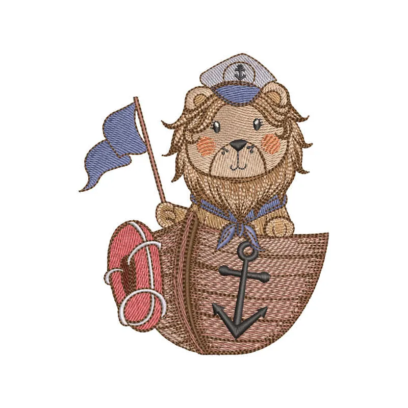 Embroidery design featuring a lion captain on a ship, showcasing intricate stitching patterns for creative projects.