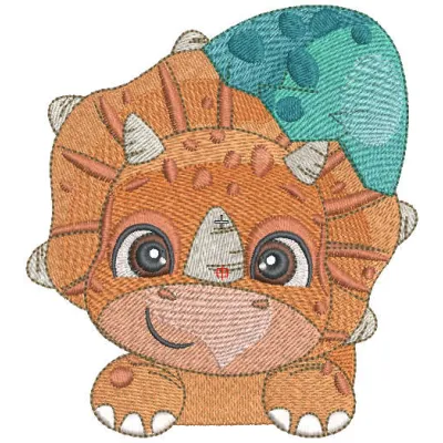 Triceratops pocket variant embroidery design showcasing a playful dinosaur motif for apparel and accessories.