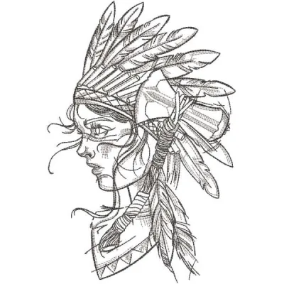Embroidery design featuring a young Indian girl adorned with a traditional warbonnet, showcasing cultural artistry.