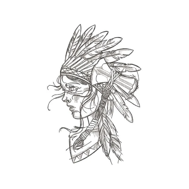 Embroidery design featuring a young Indian girl adorned with a traditional warbonnet, showcasing cultural artistry.