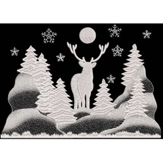 Reindeer in winter pine forest embroidery design - Embroidery Design