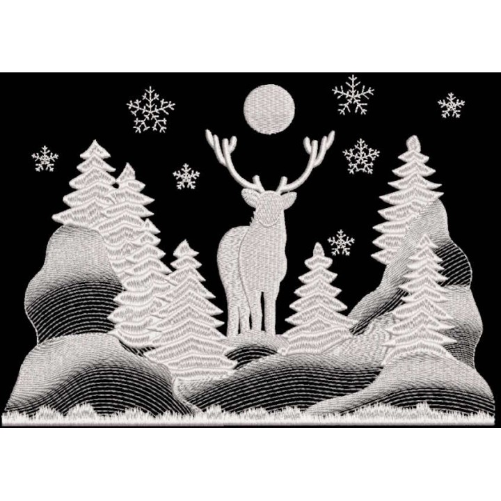 Reindeer in winter pine forest embroidery design - Embroidery Design