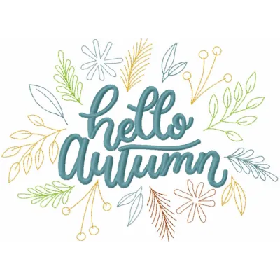 Preview of Hello Autumn Season decor embroidery design featuring leaves and pumpkins for fall embellishments.