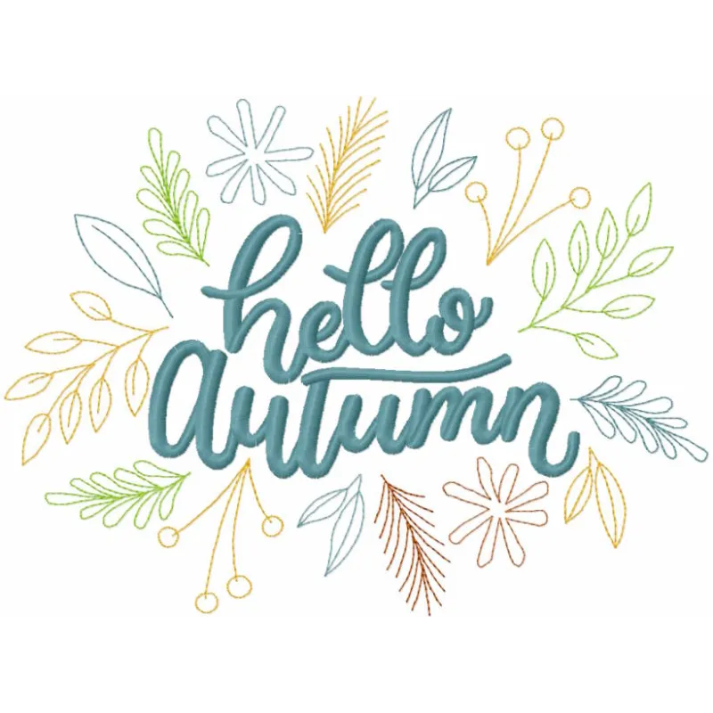 Preview of Hello Autumn Season decor embroidery design featuring leaves and pumpkins for fall embellishments.