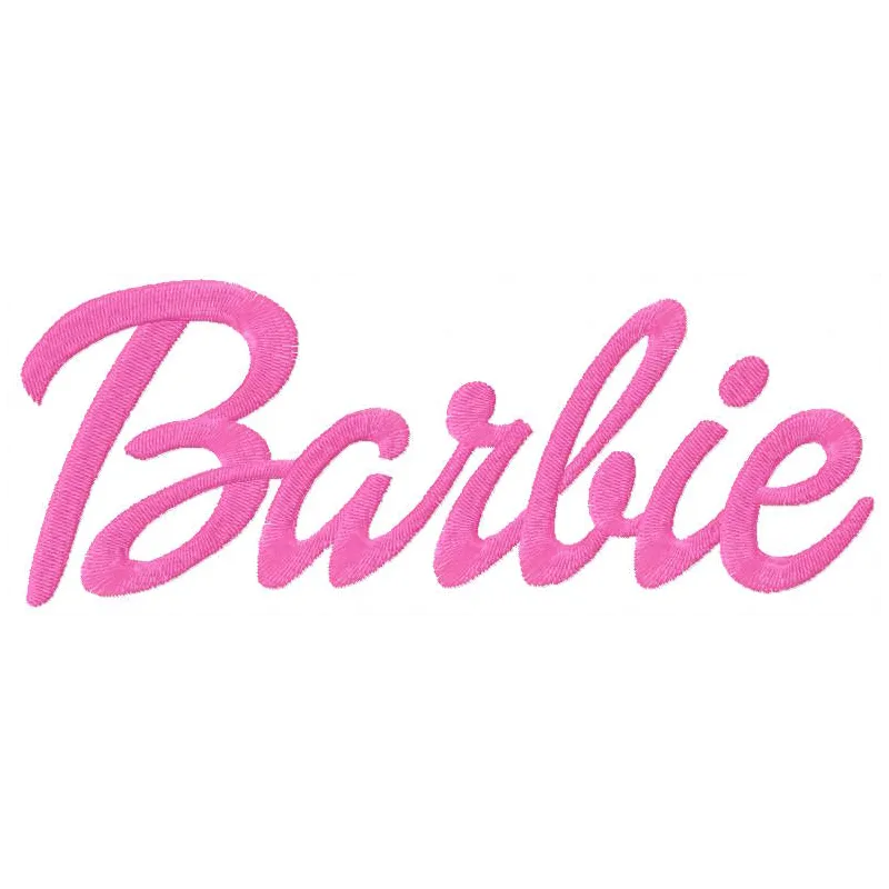 Barbie classic logo embroidery design preview featuring vibrant colors and iconic font for creative stitching projects.