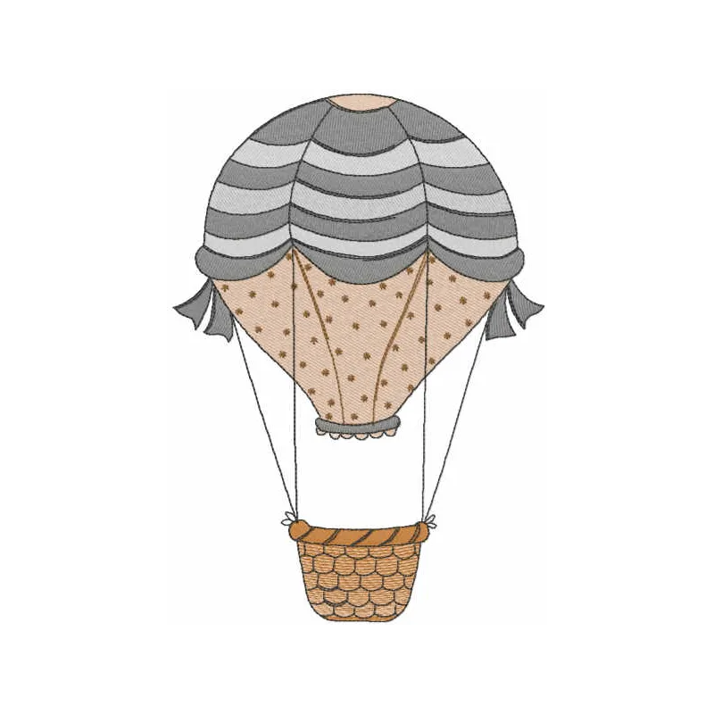 Vintage balloon embroidery design showcasing a whimsical aviation motif, perfect for t-shirts and tote bags.