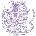Embroidery design featuring a winter scene with a bird, cup, and Christmas tree toy, ideal for holiday projects.