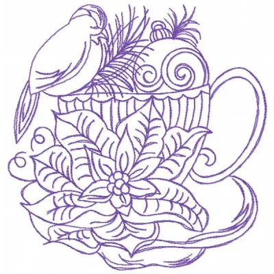 Embroidery design featuring a winter scene with a bird, cup, and Christmas tree toy, ideal for holiday projects.