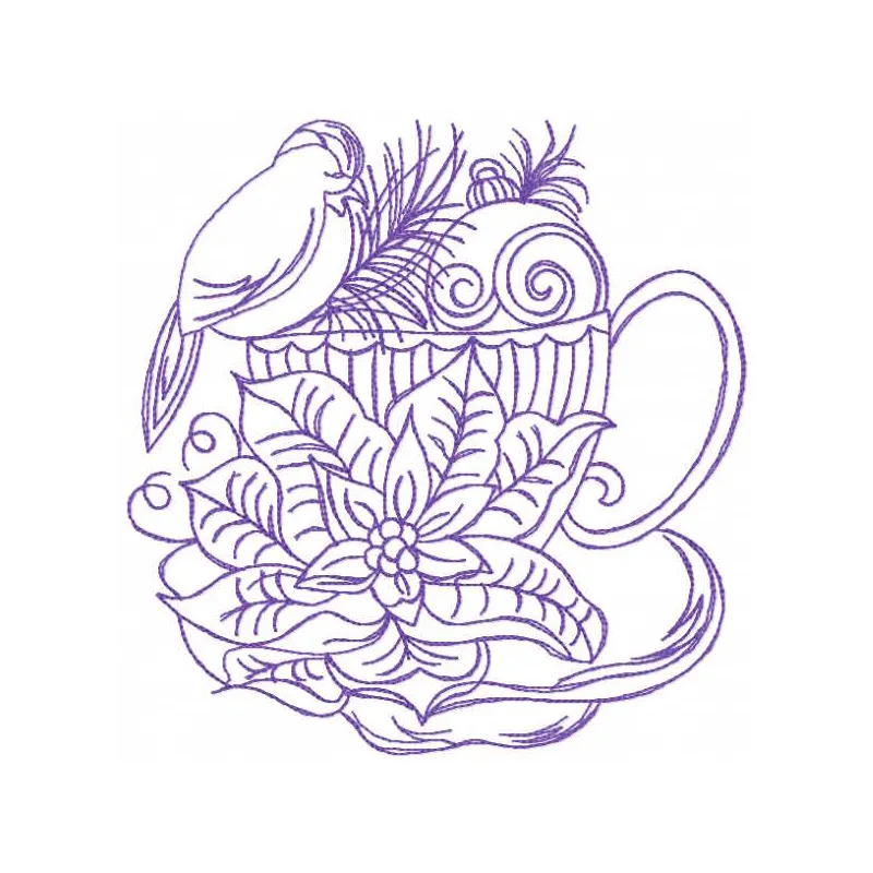 Embroidery design featuring a winter scene with a bird, cup, and Christmas tree toy, ideal for holiday projects.