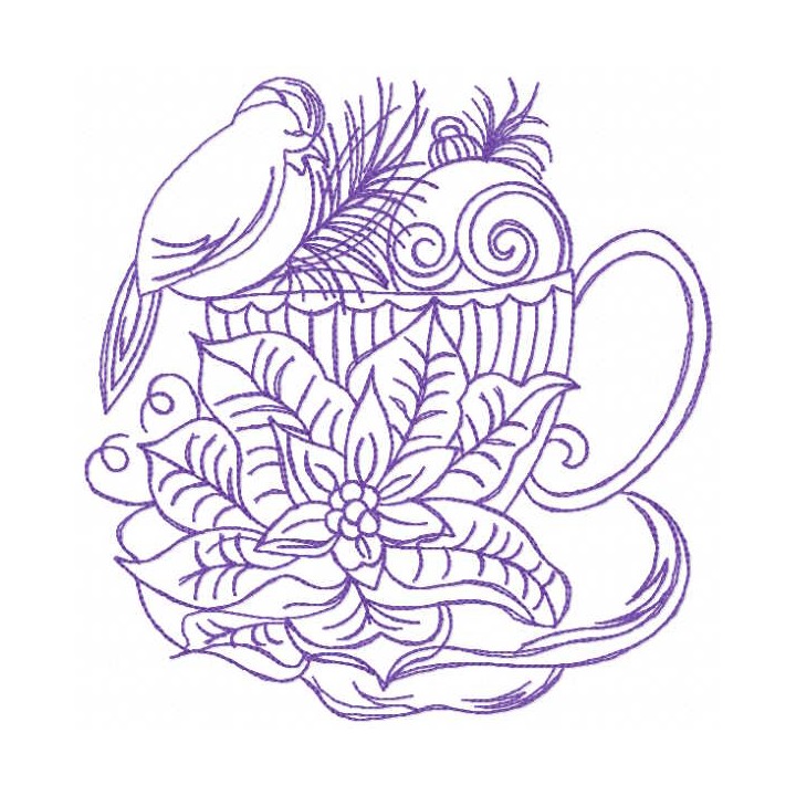 Winter composition with bird, cup, Christmas tree toy embroidery design - Embroidery Design