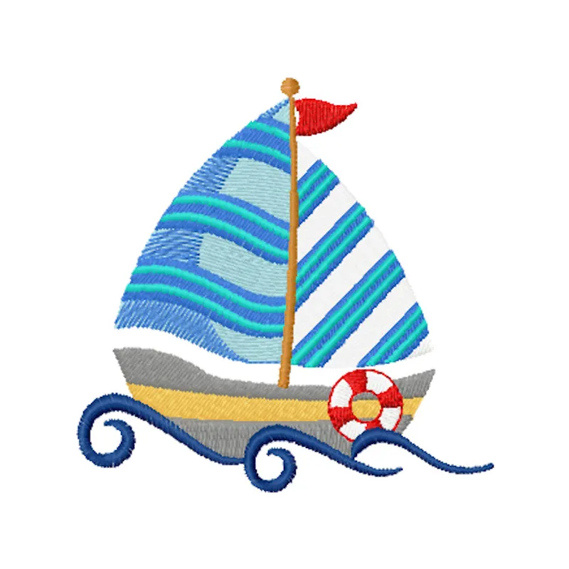Bright small sailboat embroidery design showcasing a colorful nautical theme for creative stitching projects.