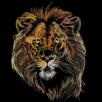 Lion head embroidery design on a black background, showcasing intricate stitching patterns and details.