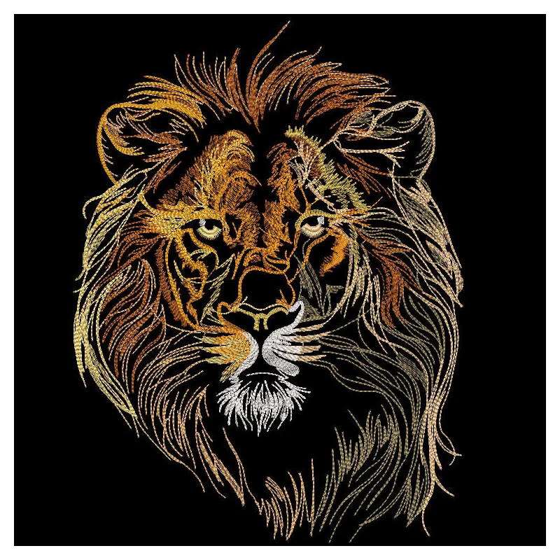 Lion head embroidery design on a black background, showcasing intricate stitching patterns and details.