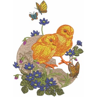 Two newborn chickens in nature embroidery design - Embroidery Design