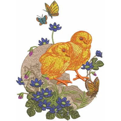 Embroidery design featuring two adorable newborn chickens in a natural setting, perfect for crafting projects.