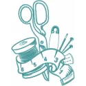 Dressmaker's sewing kit embroidery design featuring sewing tools, perfect for crafting on fabric.