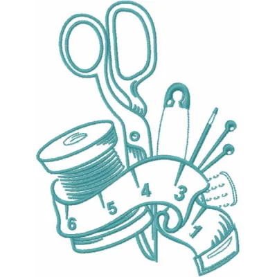 Dressmaker's sewing kit embroidery design featuring sewing tools, perfect for crafting on fabric.