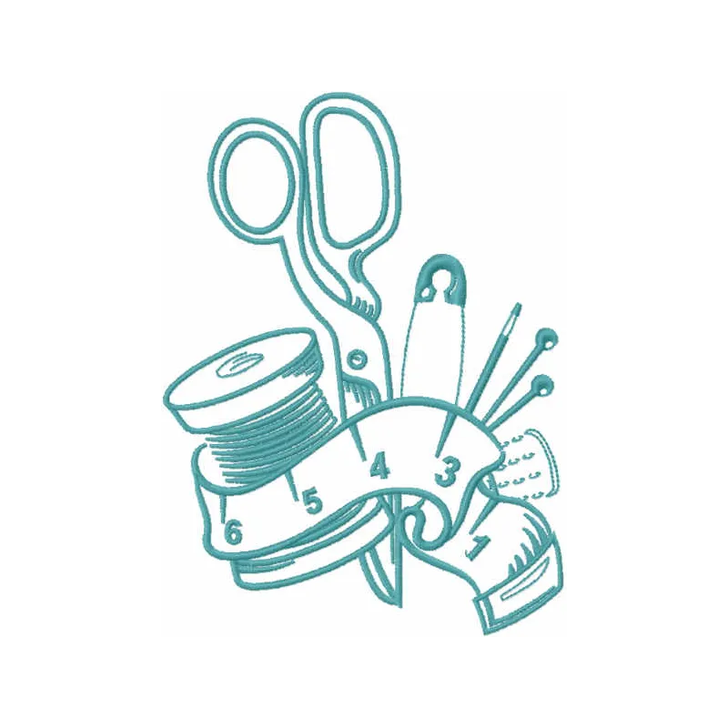 Dressmaker's sewing kit embroidery design featuring sewing tools, perfect for crafting on fabric.