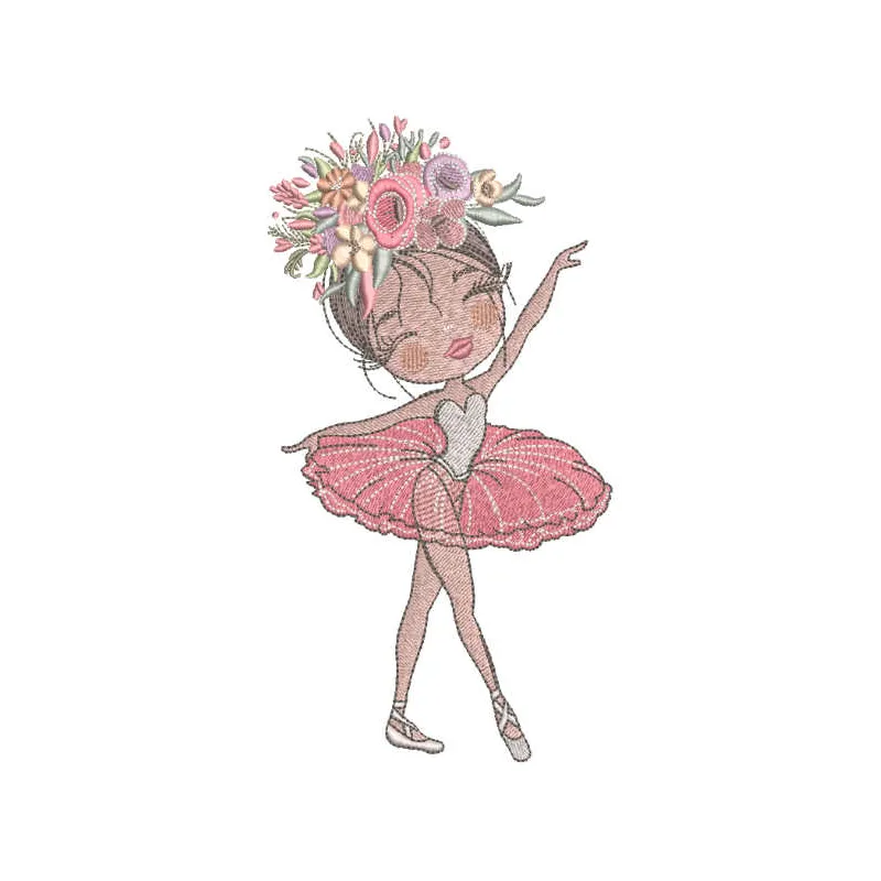 Embroidered design of a ballerina adorned with a floral wreath, showcasing grace and elegance in stitching patterns.