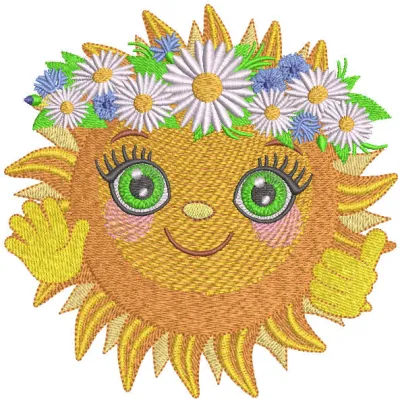 Merry sun greets you embroidery design showcasing a cheerful sun motif for vibrant stitching projects.
