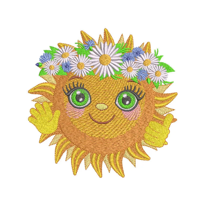 Merry sun greets you embroidery design showcasing a cheerful sun motif for vibrant stitching projects.