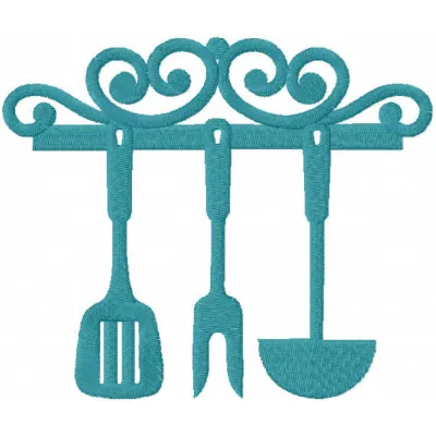 Vintage stand with kitchen utensils embroidery design preview showcasing intricate stitching patterns for kitchen decor.