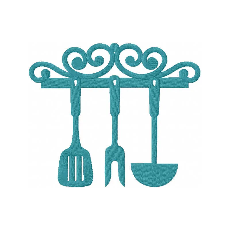Vintage stand with kitchen utensils embroidery design preview showcasing intricate stitching patterns for kitchen decor.