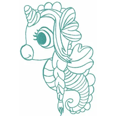 Unicorn seahorse with pigtails embroidery design preview, showcasing a whimsical magical creature for stitching.