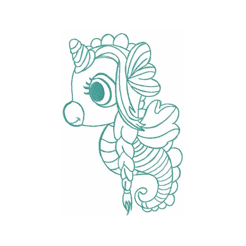 Unicorn seahorse with pigtails embroidery design preview, showcasing a whimsical magical creature for stitching.