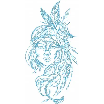 Embroidery design featuring an Indian girl adorned with feathers and a rose, perfect for creative stitching projects.
